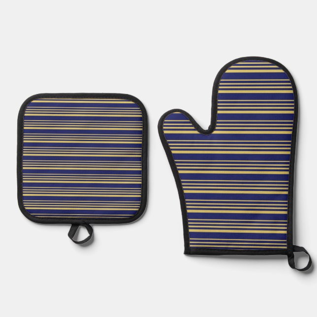 Gold and navy stripes patterned oven mitt & pot holder set (Front)
