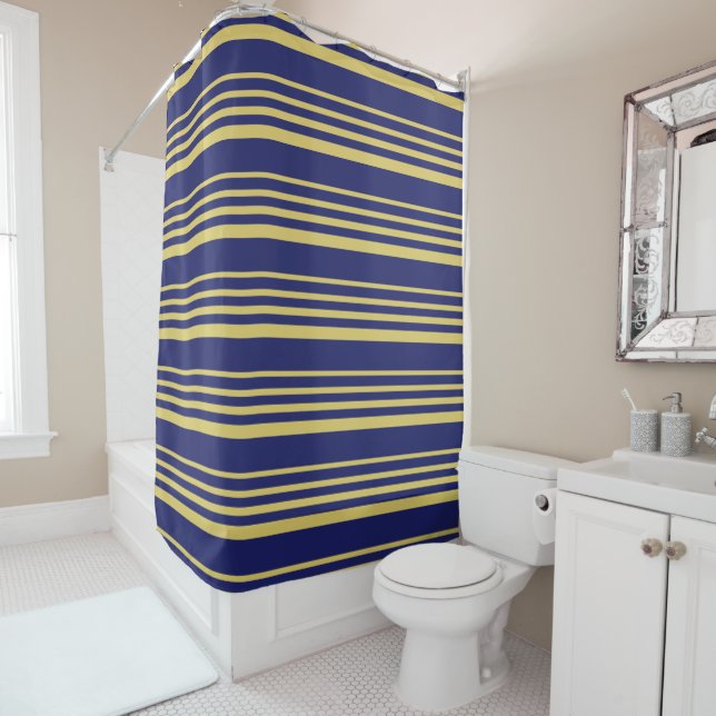 Gold and navy stripes patterned shower curtain (In Situ)