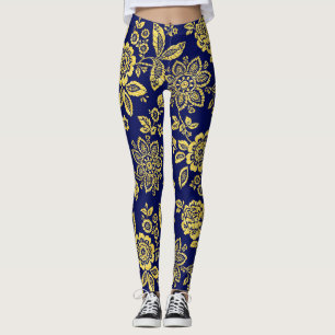 Gold and navy , Stylized Stencil Floral Leggings