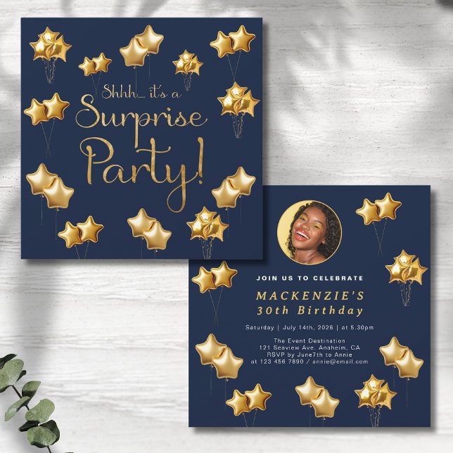 Gold And Navy Surprise Any Age Birthday Party Invitation (Surprise party invitations in blue and old with photo on grey wood background.)
