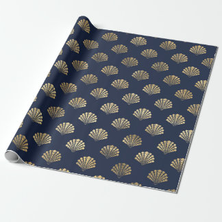 Gold and Navy Vintage Art Deco Flower Pattern  Wrapping Paper