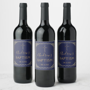 Gold And Navy Vintage Calligraphy Baptism Wine Label