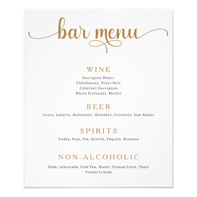 Gold and Off White Wedding Bar Menu Poster (Front)
