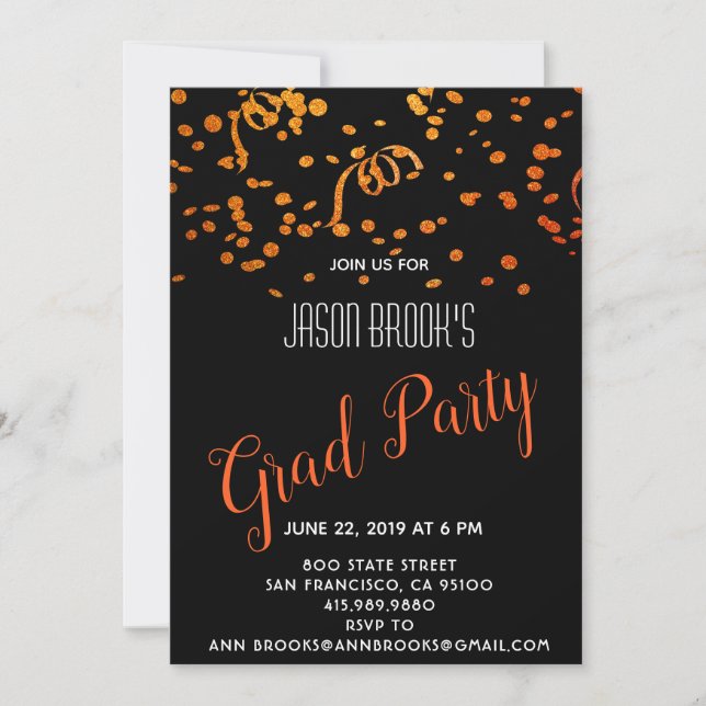 Gold And Orange Confetti On Black Graduation Invitation (Front)