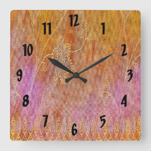 Gold and orange floral oriental material square wall clock