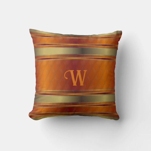 Gold And Orange Geometric Stripes Monogrammed Cushion (Front)