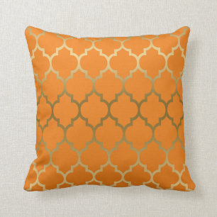 Gold And Orange Quatrefoil Geometric Pattern Cushion