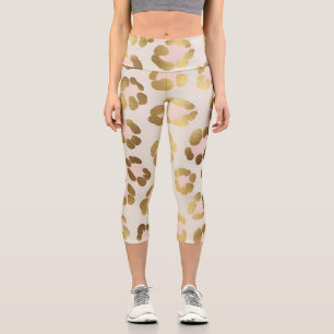 Gold and Pastel Pink Leopard Print Chic Animal Capri Leggings