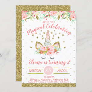 Gold and peach Unicorn Face Birthday Invitation