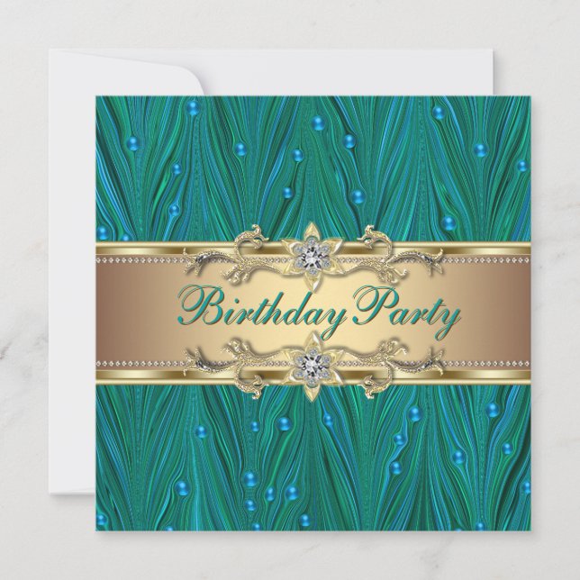 Gold and Peacock Teal Blue Birthday Party Invitation (Front)