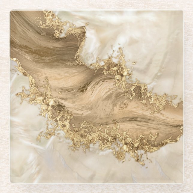 Gold and Pearl - Splatter and flow Glass Coaster (Front)