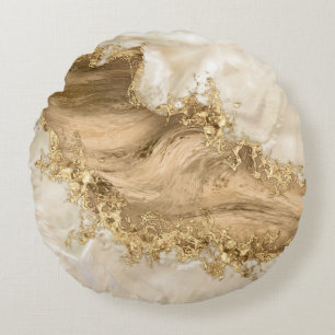 Gold and Pearl - Splatter and flow Round Cushion