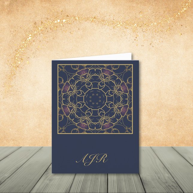 Gold and Pink Abstract Floral Note Card (Personalize with your initials or name.)