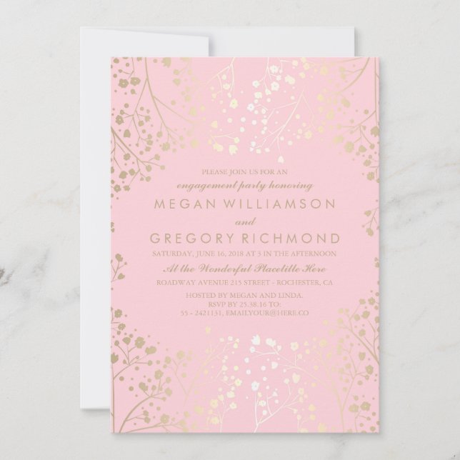 Gold and Pink  Baby's Breath Engagement Party Invitation (Front)
