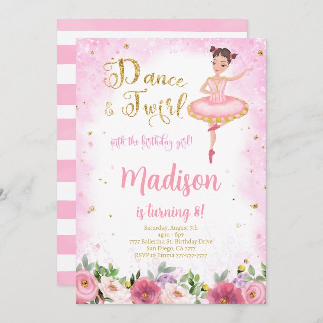 Gold and Pink Ballerina Invitation  (Front/Back)