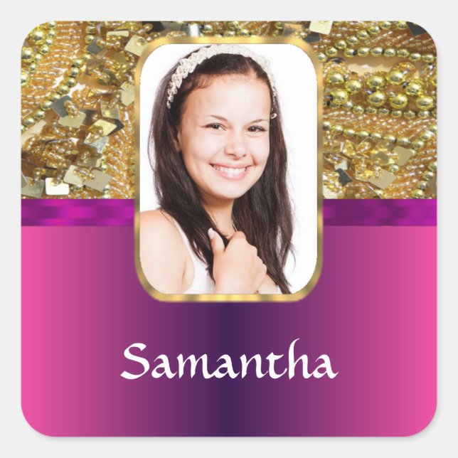 Gold and pink bling square sticker (Front)