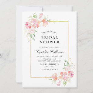 gold and pink blush floral bridal shower invitation