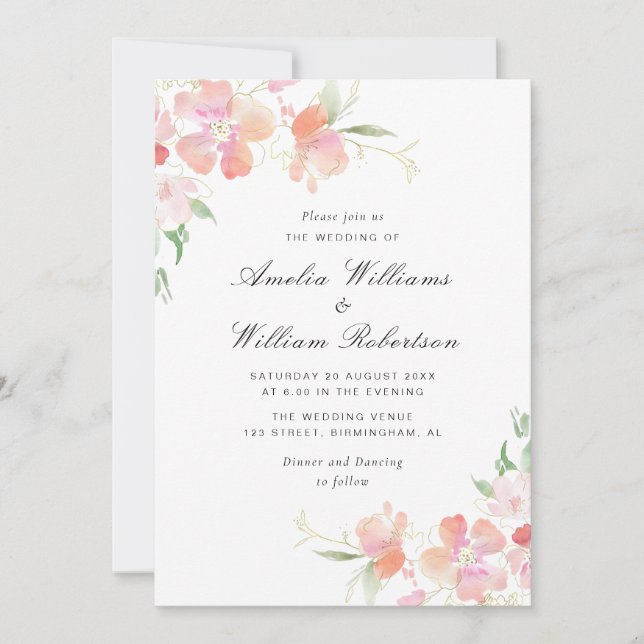 gold and pink botanical floral wedding invitation (Front)