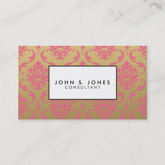 Gold and Pink Classic Damask Business Card (Front)