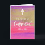 Gold And Pink Confirmation Sponsor Request Card<br><div class="desc">Modern Confirmation Sponsor proposal card featuring pink and gold background and calligraphy script ''Confirmation'' in white colour.. Personalise with a message inside.</div>