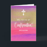 Gold And Pink Confirmation Sponsor Request Card<br><div class="desc">Modern Confirmation Sponsor proposal card featuring pink and gold background and calligraphy script ''Confirmation'' in white colour.. Personalise with a message inside.</div>