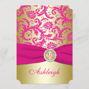 Gold and Pink Damask 30th Birthday Invitation