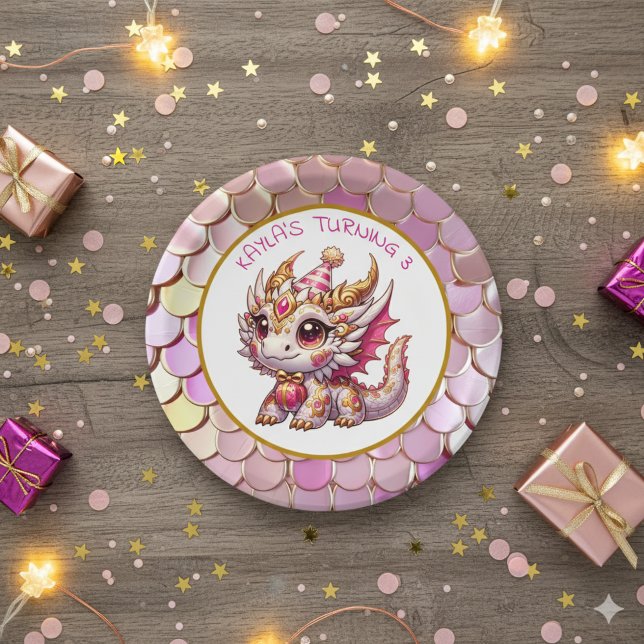 Gold and Pink Dragon Girl's Birthday  Paper Plate (Creator Uploaded)