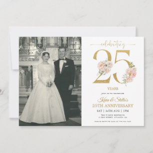 Gold and Pink Floral 25th Anniversary Invitation