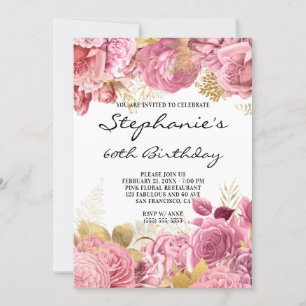 Gold and Pink Floral Borders 60th Birthday Invitation