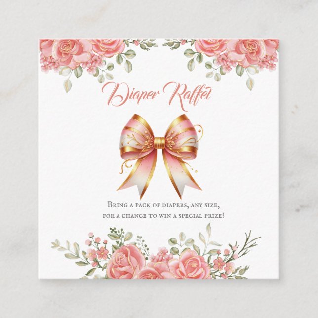 Gold and Pink Floral Bow Baby Shower Diaper Raffel Enclosure Card (Front)