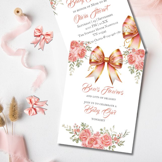 Gold and Pink Floral Bow Baby Shower Invitation (Creator Uploaded)