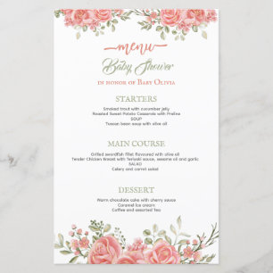 Gold and Pink Floral Bow Baby Shower Menu