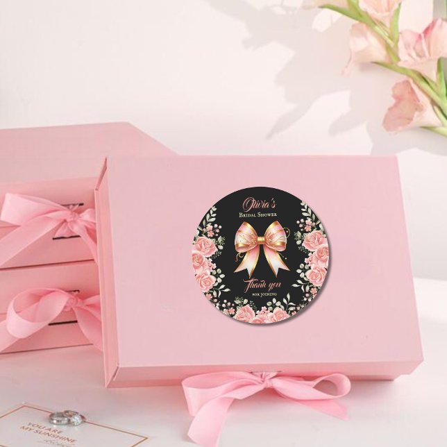 Gold and Pink Floral Bow Bridal Shower Classic Round Sticker (Creator Uploaded)