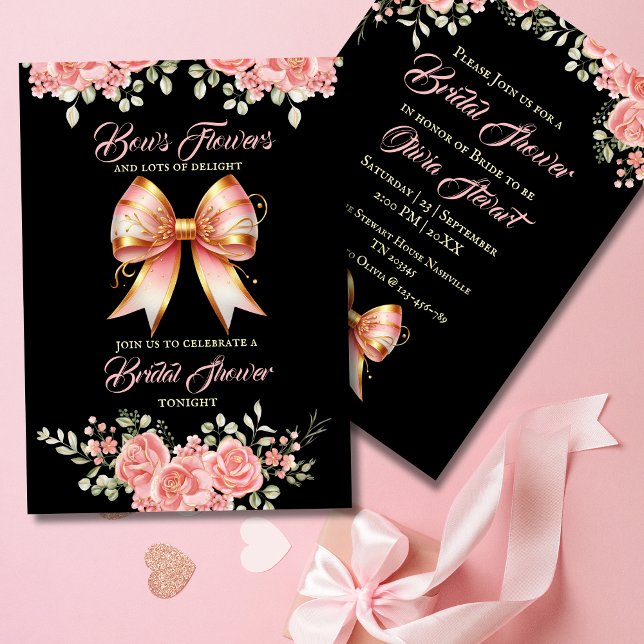 Gold and Pink Floral Bow Bridal Shower Invitation (Creator Uploaded)