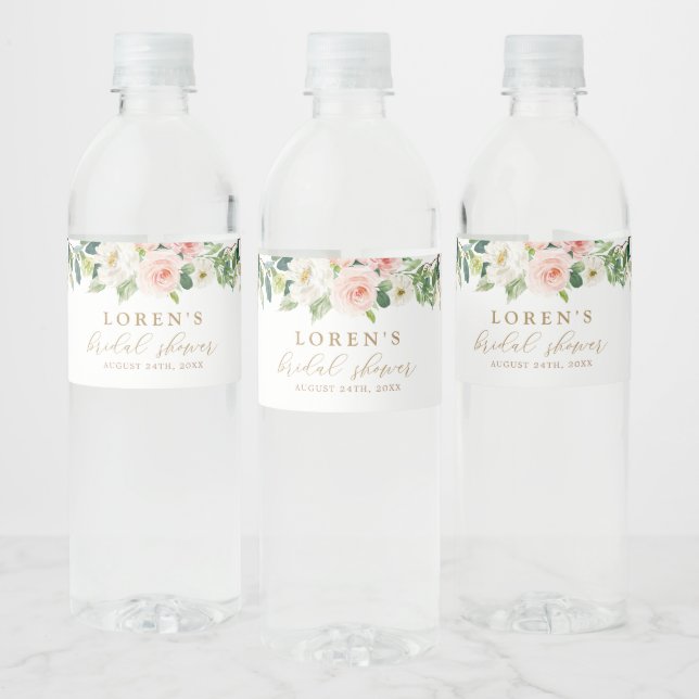 Gold and Pink Floral Bridal Shower  Water Bottle Label (Bottles)