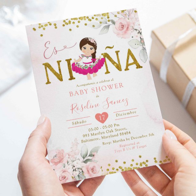 Gold and Pink Floral Girl Es Niña Baby Shower Invitation (Creator Uploaded)