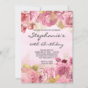 Gold and Pink Floral Watercolor 60th Birthday Invitation