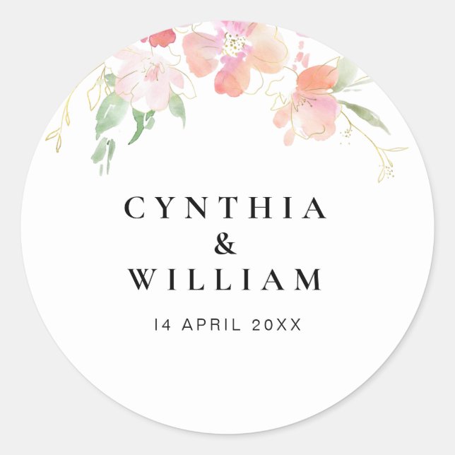 gold and pink floral wedding classic round sticker (Front)