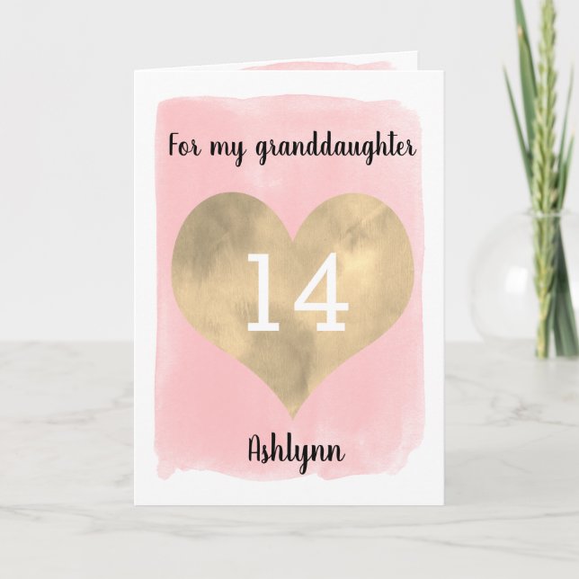 Gold and Pink Happy 14th Birthday Granddaughter Card (Front)