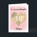 Gold and Pink Happy 15th Birthday Granddaughter Card<br><div class="desc">A personalised pink and gold 15th birthday card for granddaughter that features a gold heart against pink watercolor. You can personalise the gold heart with the age you need and add her name underneath the heart. The inside message can be easily edited if wanted. The back of the card has...</div>
