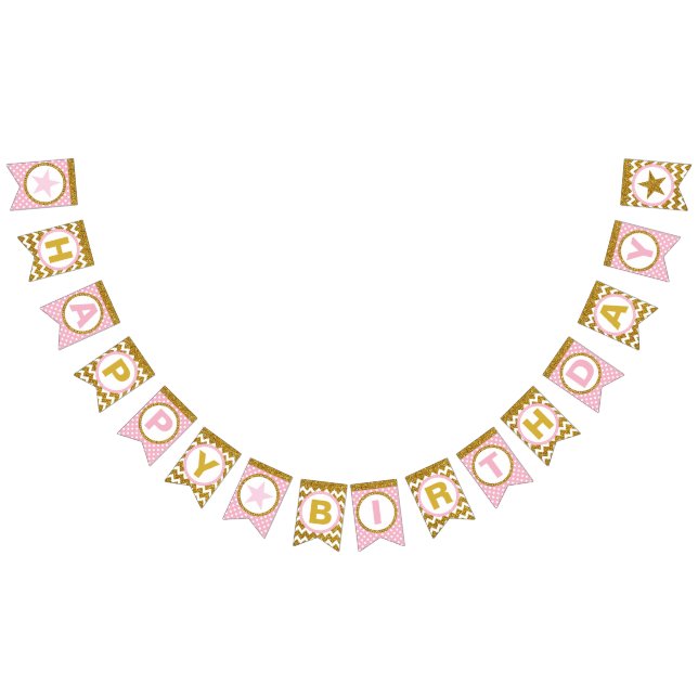 Gold and Pink Happy Birthday Bunting Flags, Custom (All)