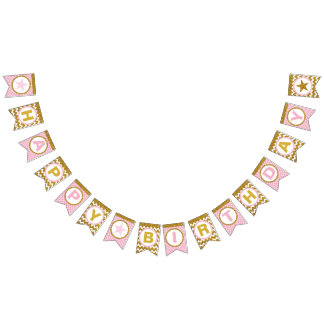 Gold and Pink Happy Birthday Bunting Flags, Custom Bunting