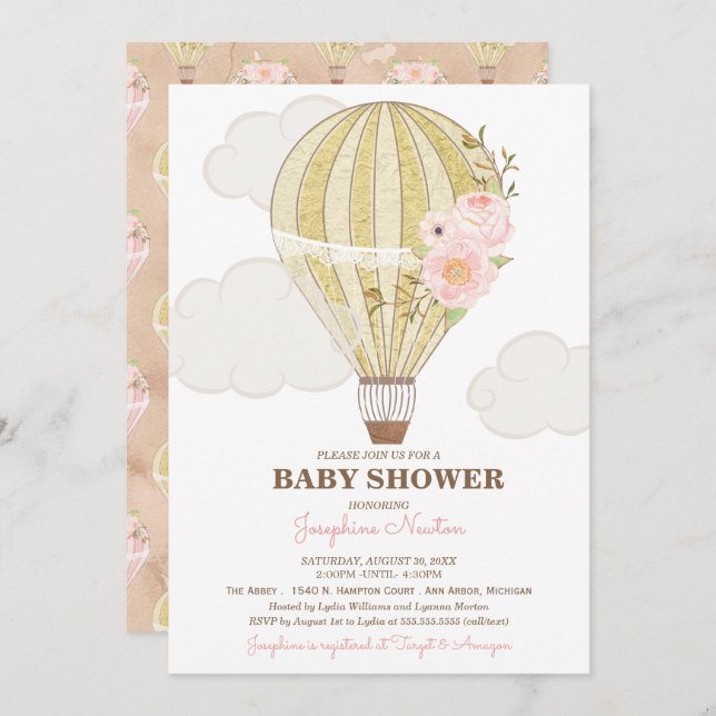Gold and Pink Hot Air Balloon Baby Shower Invitation (Front/Back)