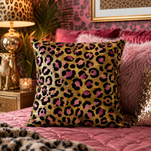 Gold and Pink Leopard Print Animal Pattern Cushion