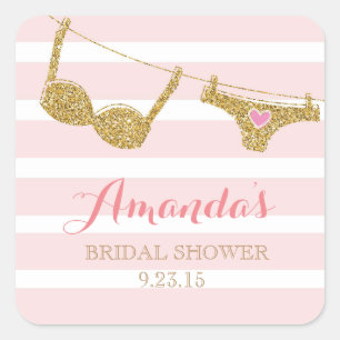 Gold and Pink Lingerie Bridal Shower Favour Square Sticker