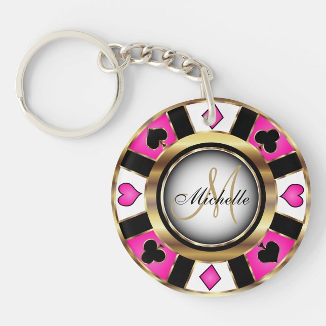 Gold and Pink Poker Chip Design - Monogram Key Ring (Front)