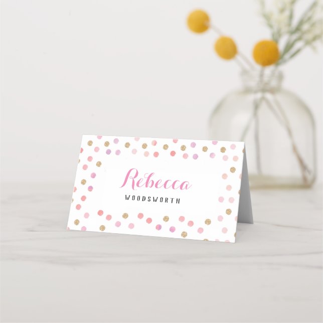 Gold and pink polka dots place card, birthday place card (Front)