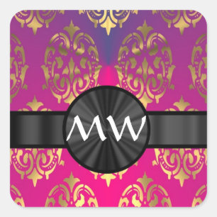 Gold and pink purple damask square sticker