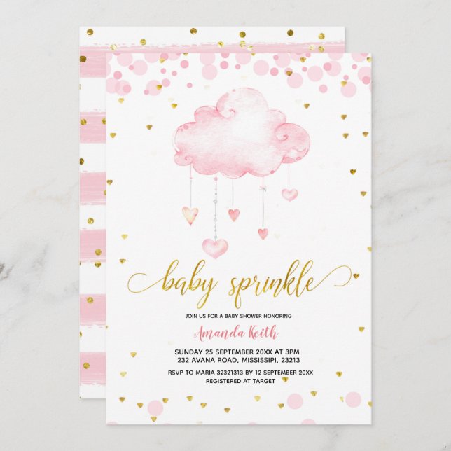 Gold and Pink Raincloud Baby Sprinkle Invitation (Front/Back)