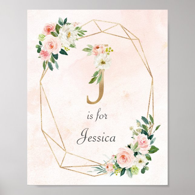 Gold and Pink Roses Baby Name Monogram Poster (Front)